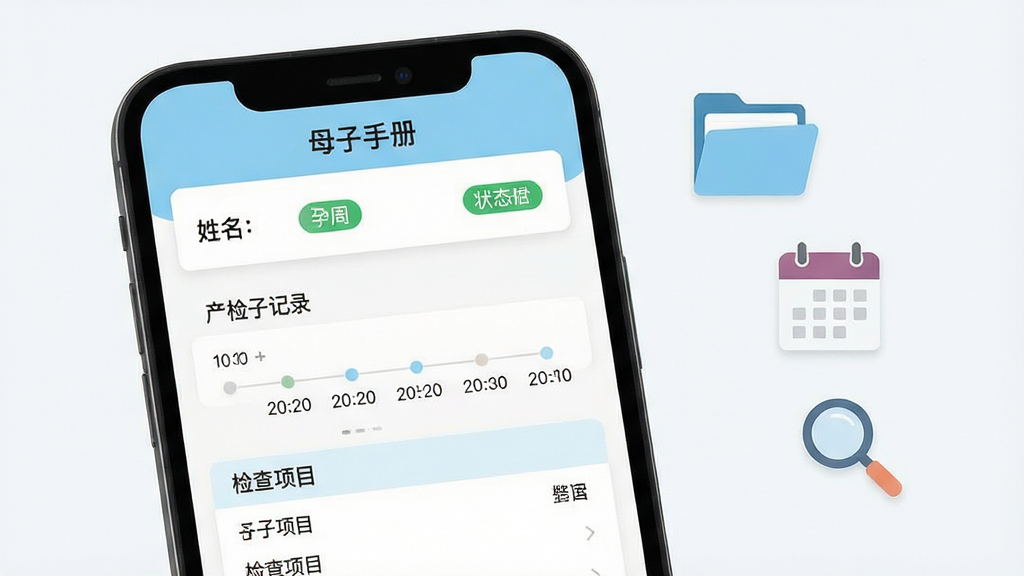 母子手册医生APP数字化档案管理界面截图,展示手机屏幕中孕妇电子档案的详细页面,包含姓名、孕周、产检记录时间轴、检查项目列表等信息,界面以白色卡片式布局呈现,搭配浅蓝色标题栏和绿色状态标签,画面右侧漂浮着文件夹、日历、放大镜等扁平化图标,背景干净清爽,风格专业医疗,画质清晰,无杂乱元素