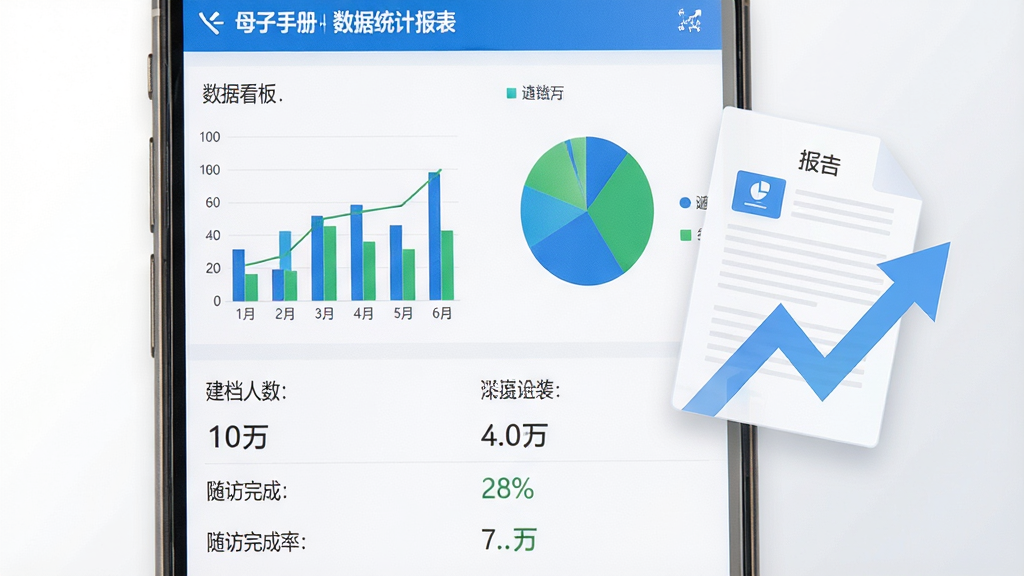母子手册医生APP数据统计报表界面,手机屏幕展示柱状图和饼状图组合的数据看板,图表颜色以蓝色和绿色为主,下方列出统计条目如“建档人数”“随访完成率”等,画面右侧漂浮着报表文档和上升箭头图标,背景为简洁的白色到浅灰渐变,风格商务专业,画质高清,布局清晰,无多余元素