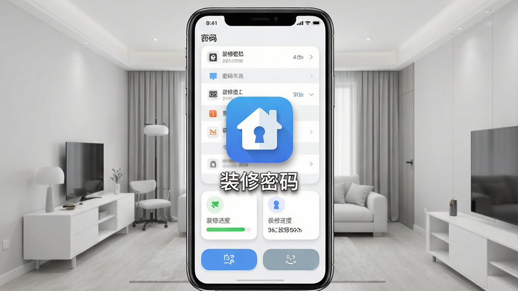 一张展示装修密码软件主界面的手机屏幕截图,画面中央是应用图标和名称“装修密码”,背景为浅灰色现代装修风格房间,屏幕内显示密码列表、装修进度卡片和功能按钮,布局简洁清晰,风格为扁平化UI设计,细节包含图标阴影和圆角卡片,画质高清干净无多余元素