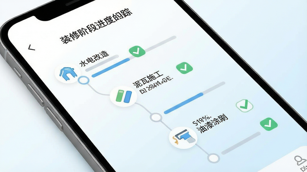 一张展示装修密码进度跟踪功能的界面示意图,画面主体为手机屏幕内显示装修阶段时间轴,包含“水电改造”“泥瓦施工”“油漆涂刷”等节点标签,每个节点带有完成状态勾选标记,背景为白色与浅蓝色渐变,风格为现代简约扁平化设计,细节包含进度条和图标装饰,画质清晰干净无杂乱元素