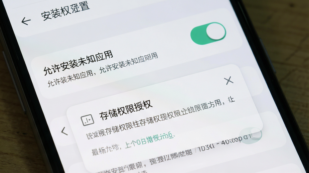 一张展示装修密码安卓手机安装权限设置界面的示意图,画面为手机屏幕显示“允许安装未知应用”开关按钮和存储权限授权弹窗,背景为浅色系统设置界面,风格为真实手机截图风格,细节包含开关高亮和文字提示,画质清晰干净无多余元素