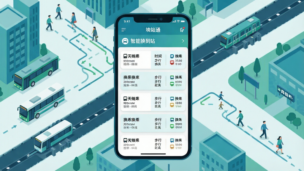一张展示智能换乘方案推荐界面的插画,画面主体是一部智能手机,屏幕上显示着公交地铁到站通软件的换乘方案列表,包含多种方案的时间、步行距离和换乘次数对比。手机背景是城市交通枢纽的俯视图,有公交、地铁和步行路径的示意线条。风格为现代科技感扁平插画,色调以蓝绿色为主,画面干净整洁,细节丰富,画质清晰,无多余元素