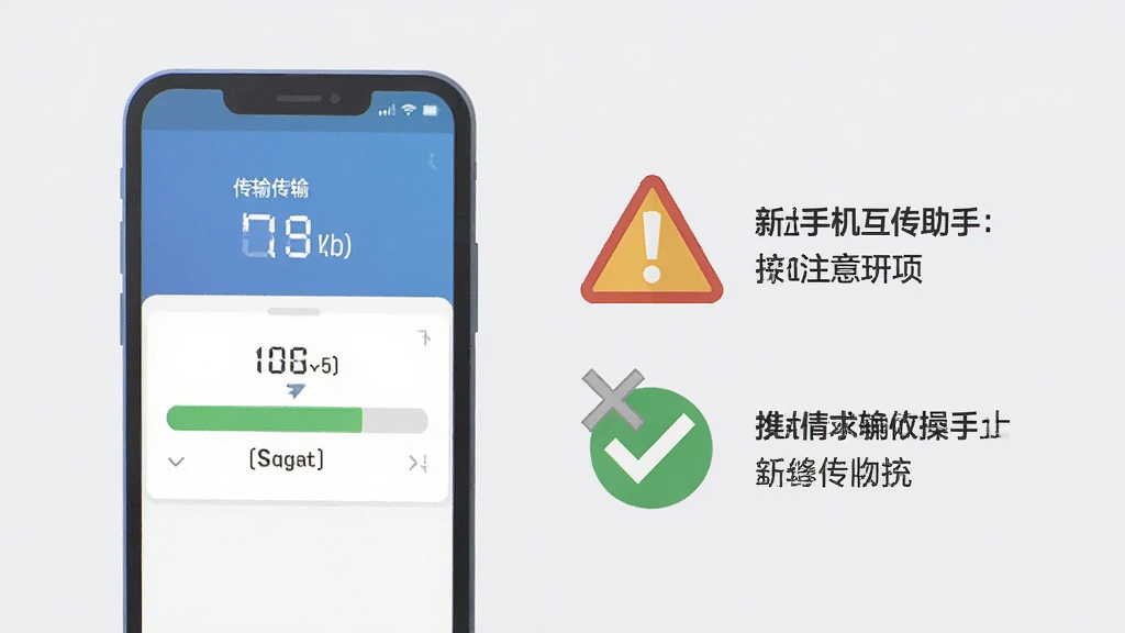 新旧手机互传助手 操作注意事项 信息图 画面为手机屏幕显示传输进度 旁边有警告图标和提示文字 背景为浅灰色 风格为扁平化信息图 细节有对勾和叉号 画质清晰 干净 无多余元素