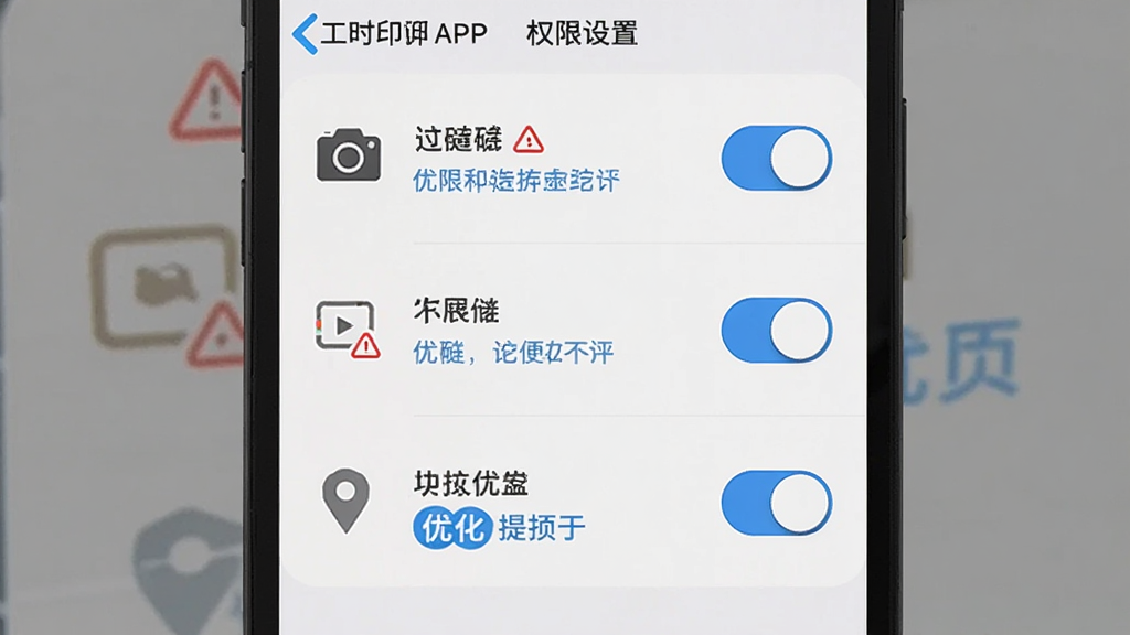 手机屏幕显示工时印迹APP的权限设置页面,有相机、存储、定位三个权限开关,旁边有红色警示图标和蓝色优化提示,布局为垂直列表,排版清晰,风格为扁平化UI,细节包括权限图标、开关按钮和文字说明,画质高清,干净,无多余元素