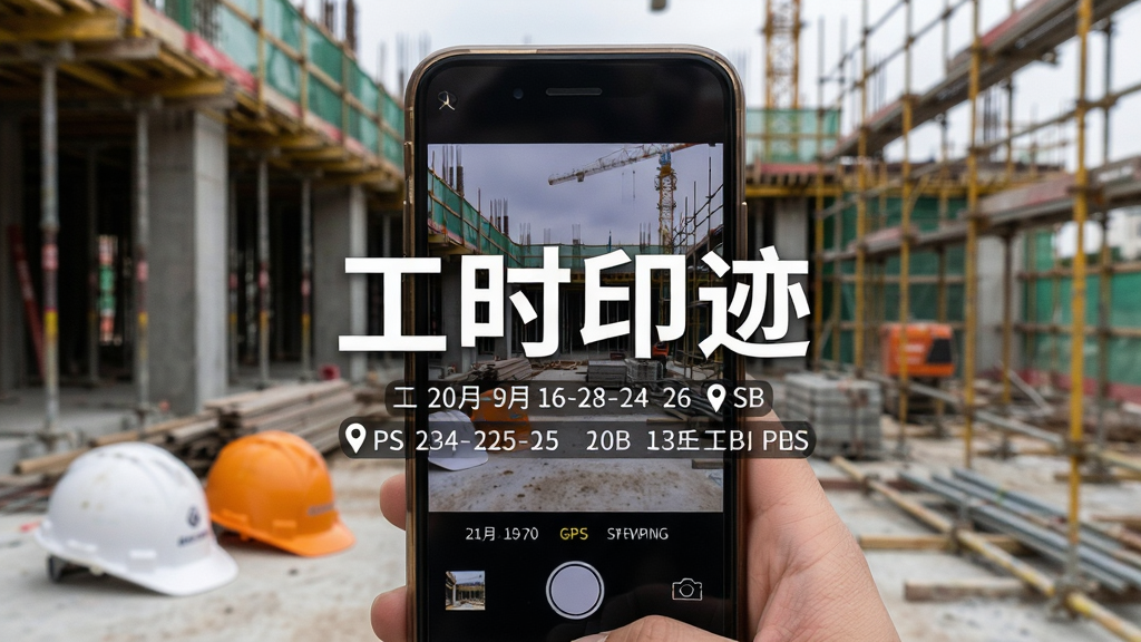一部手机正在拍摄建筑工地场景,照片上自动叠加了“工时印迹”文字水印、日期时间和GPS定位信息,画面主体是手机与工地背景,布局为居中构图,排版突出水印内容,风格为写实摄影风,细节包括清晰的文字水印、工地安全帽和脚手架,画质高清,干净,无多余元素