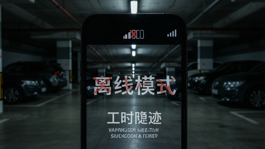 一部手机在无网络的地下停车场拍摄照片,屏幕上显示“离线模式”和工时印迹水印,背景是昏暗的停车场,布局为手机特写,排版突出离线标识,风格为写实科技风,细节包括信号格打叉图标、水印文字和汽车轮廓,画质高清,干净,无多余元素