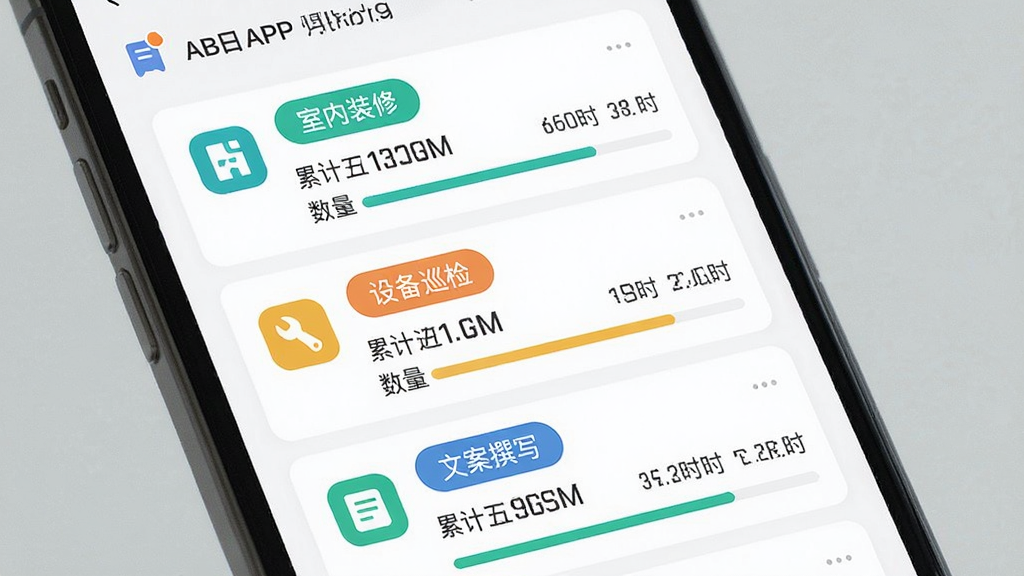 手机屏幕显示工时印迹APP的项目管理列表,有“室内装修”“设备巡检”“文案撰写”三个彩色标签项目,每个项目下方显示累计工时和照片数量,布局为垂直列表,排版清晰,风格为清新扁平化UI,细节包括项目图标、工时数字和进度条,画质高清,干净,无多余元素
