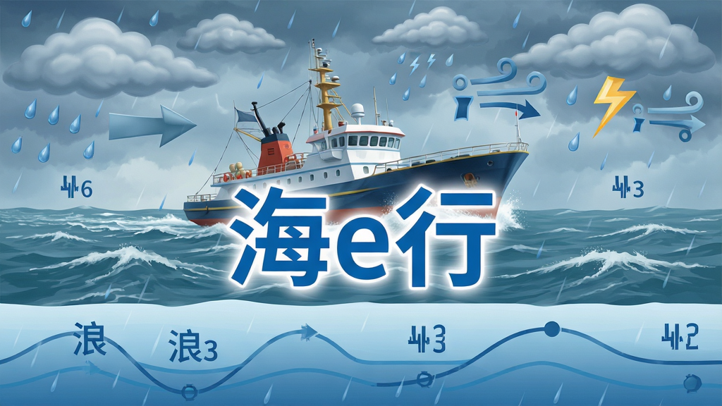 一幅海上气象信息展示图,画面中有一艘船在波涛中航行,天空中有云层与风向箭头,海面上标注着浪高数字,画面中央用蓝色字体写着“海e行”,布局为上下分层构图,风格为写实插画风格,细节包括雨滴、闪电图标、潮汐曲线,画质高清,画面干净,无多余元素