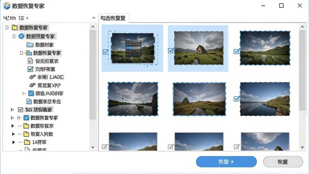 数据恢复专家文件预览与勾选恢复界面,画面展示左侧文件目录树和右侧图片缩略图预览窗口,部分文件已被勾选,底部有恢复按钮,界面整洁,软件名称