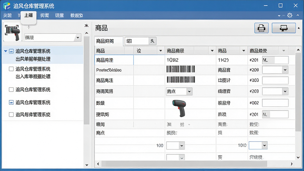 一张展示追风仓库管理系统出入库单据处理界面的图片,主体为软件操作窗口,布局为左侧单据列表、右侧商品明细表格,排版规整,风格为办公软件写实风,细节包含扫码枪图标、打印按钮、商品条码和数量填写框,画质高清,干净,无多余元素
