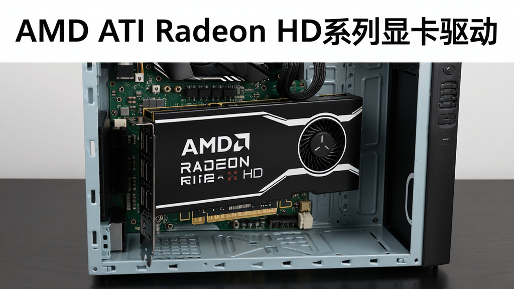主体是一台打开的台式电脑主机,机箱内部清晰展示一块AMD Radeon HD系列显卡,显卡上有AMD标志;布局采用正面略微倾斜的视角,显卡位于画面中心;排版上方留白放置文字“AMD ATI Radeon HD系列显卡驱动”;风格为科技感写实风;细节包括显卡散热风扇、金手指、PCB电路板纹理,背景是干净的深色桌面;画质高清,干净,无多余元素