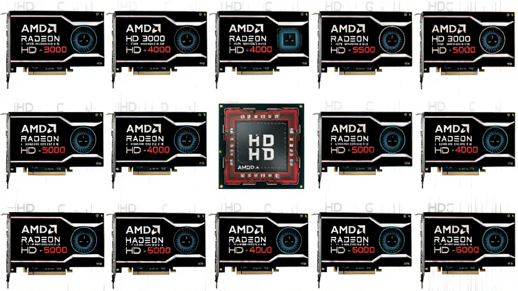 主体是一张覆盖多款AMD Radeon HD显卡的展示图,画面中央是显卡芯片示意图;布局采用网格排列,每格展示一款显卡型号名称;排版整齐有序;风格为干净的技术图表风;细节包括HD 2000、HD 3000、HD 4000、HD 5000、HD 6000字样;画质高清,干净,无多余元素