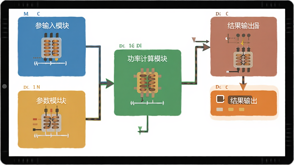 整流变压器功率计算软件功能模块示意图,画面展示软件内部多个计算模块的图标排列,包括参数输入模块、功率计算模块、结果输出模块,每个模块用不同颜色的方块表示,中间有箭头连接表示数据流向,背景为白色,风格为扁平化设计,细节包括模块名称标签和连接线,画质清晰,干净,无多余元素