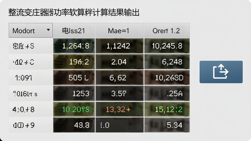 整流变压器功率计算软件计算结果输出界面,画面显示一个表格,表格中列出了功率、电压、电流等参数的计算结果,表格旁边有一个导出按钮,背景为浅灰色,风格为商务简约,细节包括数值高亮显示和导出图标,画质高清,干净,无多余元素