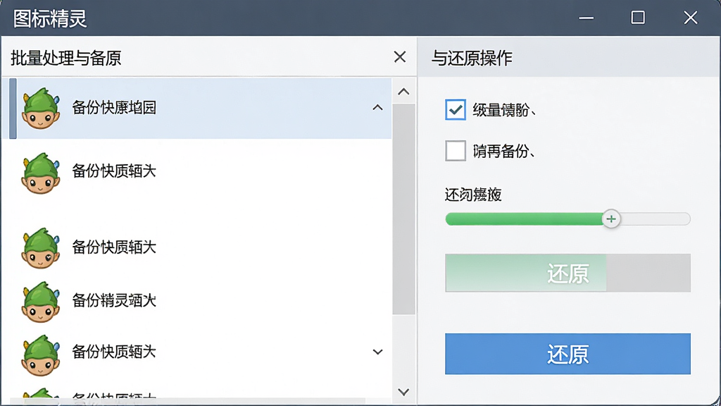一张展示“图标精灵”批量处理与备份还原功能的图片,主体是软件界面,布局左侧为待处理快捷方式列表,右侧为备份与还原操作面板,排版清晰,风格为专业工具软件风格,细节包括多选框、进度条、还原按钮,画质高清,干净,无多余元素