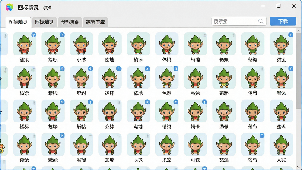 一张展示“图标精灵”图标资源库界面的图片,主体是软件窗口,布局为多行多列的图标网格,每个图标下方有名称标签,排版整齐,风格为清新明快的工具软件界面,细节包括分类标签栏、搜索框、下载按钮,画质高清,干净,无多余元素