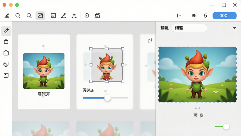 一张展示“图标精灵”自定义图标制作功能的图片,主体是图标编辑界面,布局展示图片导入、裁剪框、圆角调节滑块和预览区域,排版直观,风格为简洁易用的编辑器界面,细节包括工具栏、参数调节面板、实时预览图,画质高清,干净,无多余元素