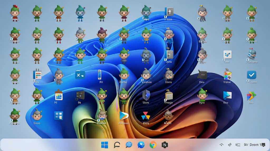 一张展示“图标精灵”在Windows 11系统桌面上运行效果的图片,主体是美化后的桌面图标排列,布局为整齐的图标网格,排版美观,风格为现代科技感桌面,细节包括各种彩色应用图标、任务栏、壁纸,画质高清,干净,无多余元素