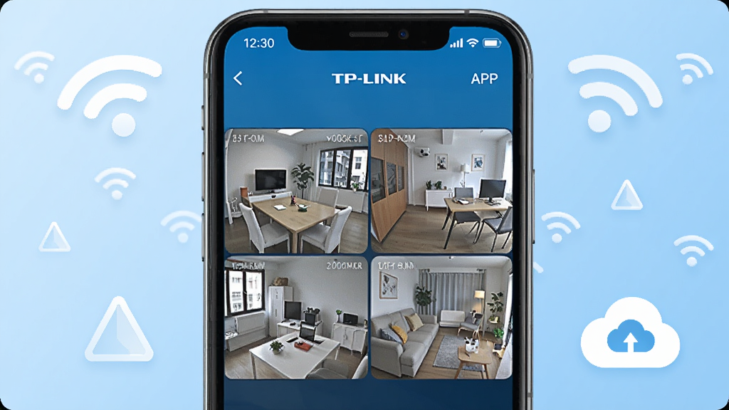 TP-LINK物联APP主界面展示图,画面中央放置一部智能手机,屏幕显示四个监控画面网格布局,每个画面中有不同场景的摄像头实时画面,手机周围环绕WiFi信号图标与云存储图标,背景为浅蓝色渐变,整体风格科技简洁,细节清晰,画质干净,无多余元素