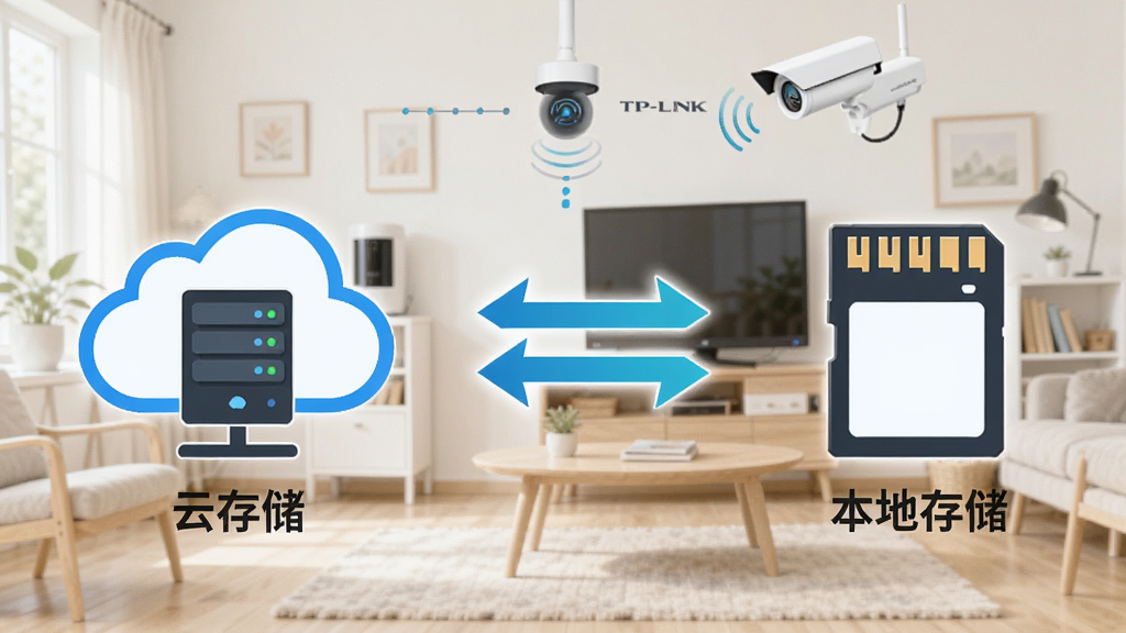 TP-LINK物联双存储功能展示图,画面左侧为云端服务器图标标注云存储,右侧为SD卡图标标注本地存储,中间用双向箭头连接,背景为家庭安防场景,整体风格信息图简洁明了,色彩清爽,画质干净,无多余元素