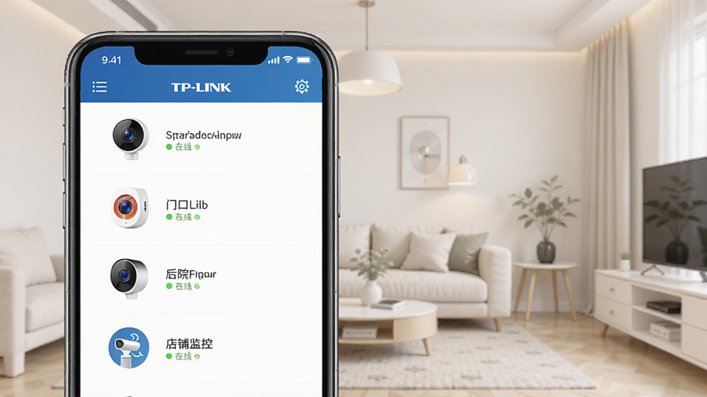 TP-LINK物联多设备管理功能展示图,画面中一部手机屏幕显示设备列表,列表中有客厅摄像头、门口门铃、后院摄像头、店铺监控等多个设备图标,每个图标旁有在线状态标识,背景为浅色家居环境,风格整洁有序,画质清晰,无多余元素