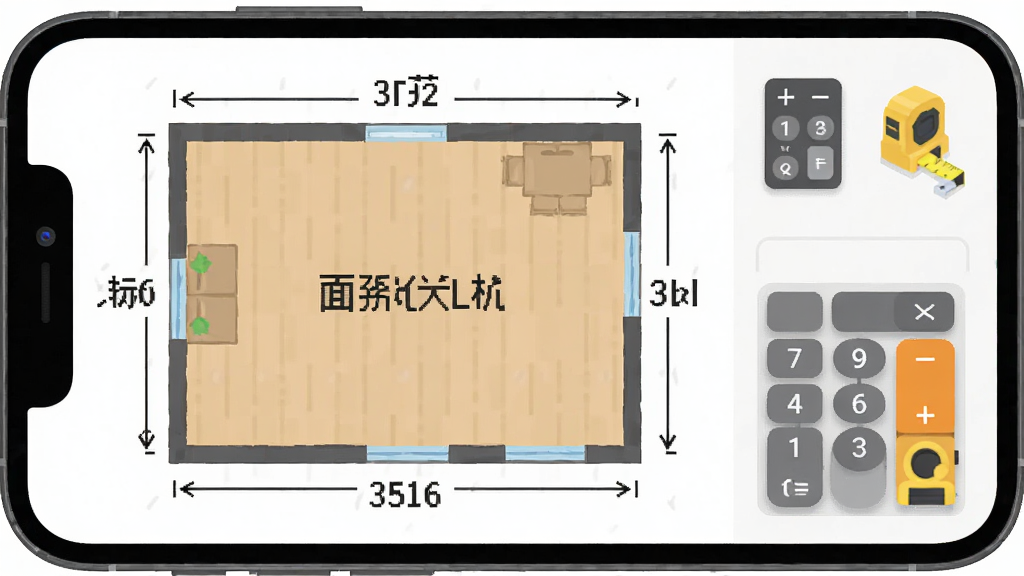 手机屏幕显示测距仪测量大师的面积计算界面,屏幕中有一个矩形房间的俯视图,四条边分别标注长度数值,中央显示面积结果;画面右侧有虚拟计算器与卷尺图标;整体风格为清爽扁平化设计,布局整洁,画质干净,无多余元素。