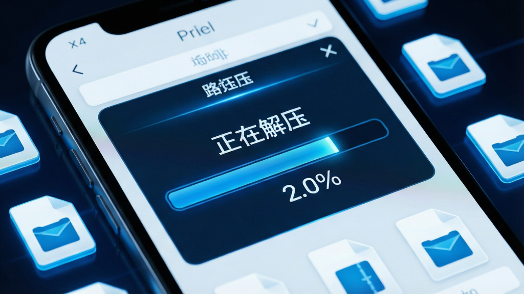 一张展示手机屏幕特写的图片,画面中解压软件正在处理一个压缩包,屏幕中央有进度条和百分比数字,上方显示