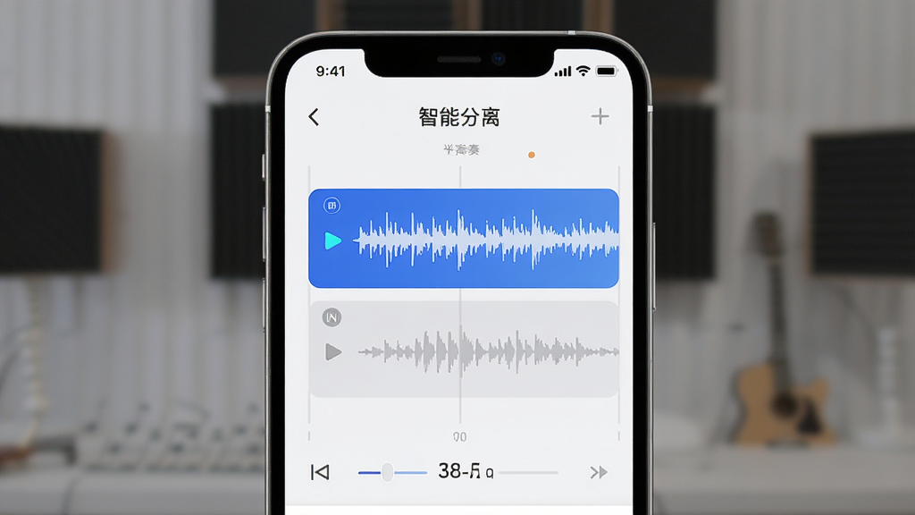 来音伴奏智能分离功能界面,主体为手机屏幕中显示音频波被分成上下两条轨道,布局为上下分层展示,风格为简洁清爽浅色系,细节包括人声轨道高亮、伴奏轨道淡出、分离进度百分比,画质清晰,干净,无多余元素