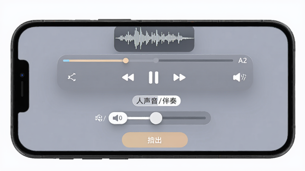 来音伴奏试听与调节界面,主体为手机屏幕中显示播放控制条与音量滑块,布局为纵向排列,风格为柔和圆角卡片式设计,细节包括波形预览、人声/伴奏切换标签、导出按钮,画质高清,干净,无多余元素