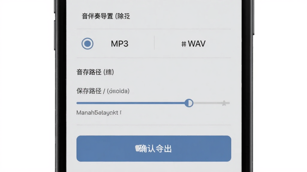 来音伴奏导出设置界面,主体为手机屏幕中显示格式选择与音质调节选项,布局为列表式排列,风格为简约商务浅灰质感,细节包括MP3与WAV单选按钮、保存路径提示、确认导出按钮,画质清晰,干净,无多余元素