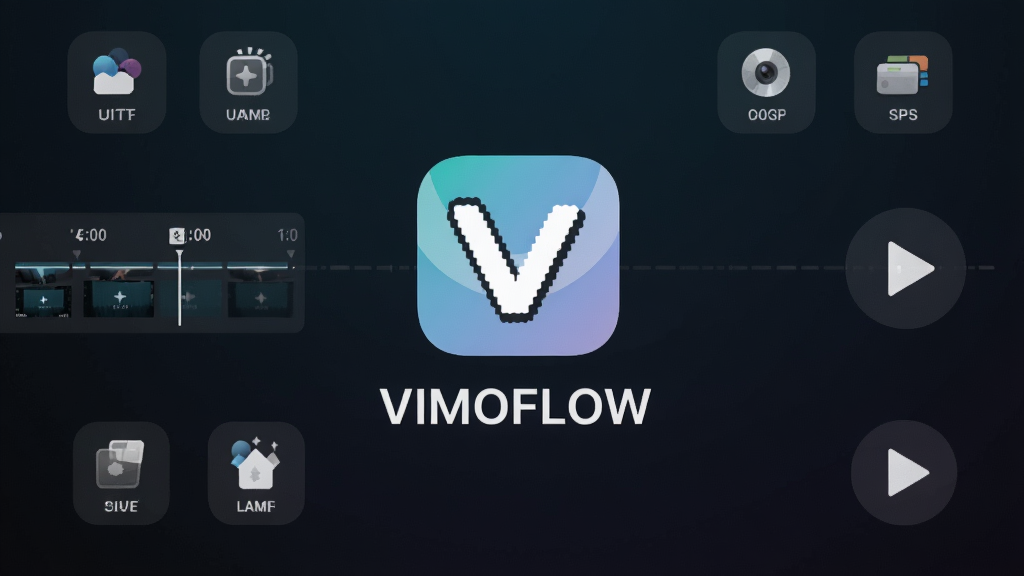 一张展示VIMOFLOW软件主界面的手机截图风格图片,画面中央是VIMOFLOW应用图标和名称文字,背景为深色渐变,周围环绕视频时间轴、滤镜图标、播放按钮等元素,排版简洁居中,风格现代科技感,细节清晰,画质干净,无多余元素