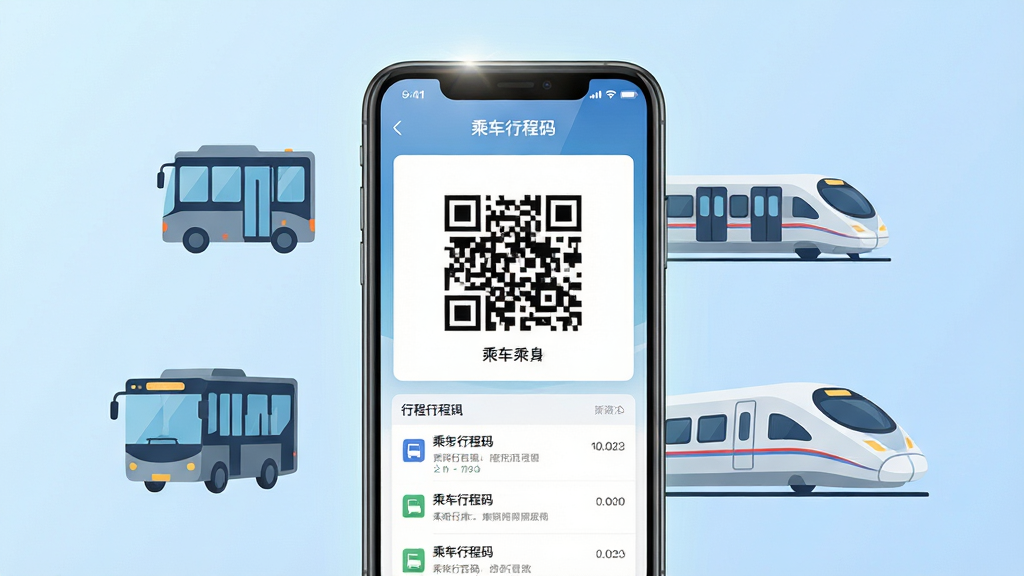 画面中央展示一部智能手机,屏幕上打开着“乘车行程码”应用主界面,界面显示醒目的乘车二维码和行程列表,手机周围环绕着公交车、地铁列车和高铁等出行元素图标,背景为浅蓝色渐变,整体布局简洁对称,风格为扁平化科技风,细节上手机屏幕有微光反射,二维码清晰可见,画质高清,干净,无多余元素