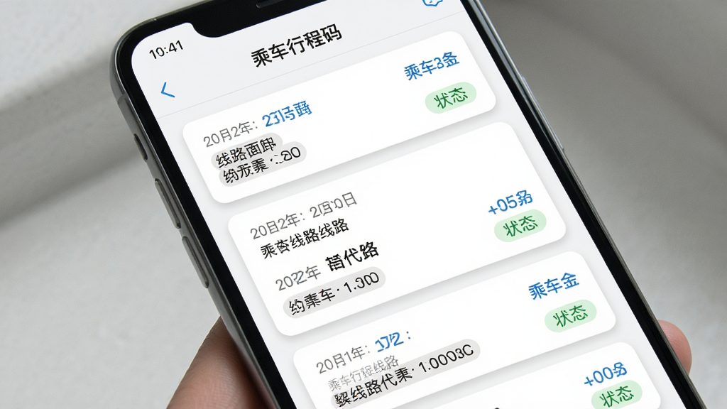 手机屏幕显示“乘车行程码”的行程记录页面,页面中排列着多条乘车记录卡片,每条卡片包含日期、线路名称、乘车金额和状态标签,界面配色为白底蓝字配浅灰分割线,风格为清新简约风,细节上卡片有圆角设计和轻微投影,画质高清,干净,无多余元素