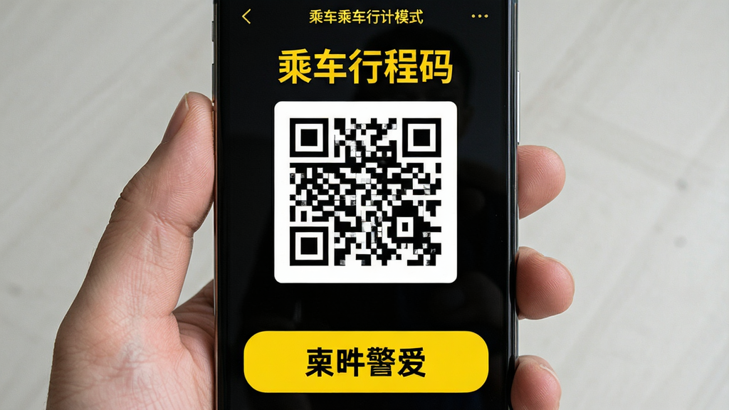 一部手机展示“乘车行程码”的大字体模式界面,屏幕上乘车二维码占据主要区域,下方有超大号文字按钮,界面配色为高对比度黑底黄字,风格为无障碍设计展示,细节上字体边缘锐利清晰,画质高清,干净,无多余元素