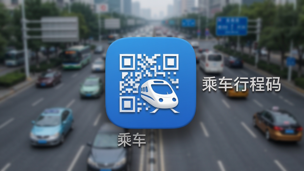 一部手机主屏幕上排列着“乘车行程码”的桌面快捷方式图标,图标设计为蓝色圆形底色配白色二维码与列车组合图案,图标旁边有“乘车行程码”文字标签,背景为虚化的城市交通道路,风格为写实UI展示,细节上图标有轻微立体阴影效果,画质高清,干净,无多余元素