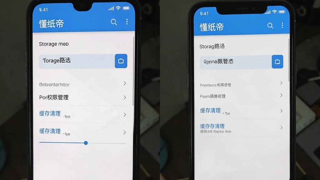 一张展示懂纸帝软件设置界面的手机截图,画面中显示存储路径选择、权限管理、缓存清理等选项,界面风格简洁实用,配色以蓝白为主,画质清晰,适合作为使用教程配图