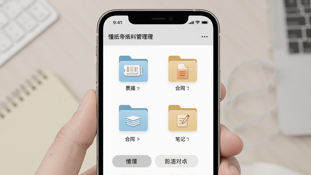 一张展示懂纸帝纸质资料管理功能的界面截图,画面中手机屏幕显示多个文件夹和标签分类,包含票据、合同、笔记等图标,界面风格简洁商务,配色柔和,排版整齐,画质清晰,适合软件功能介绍配图