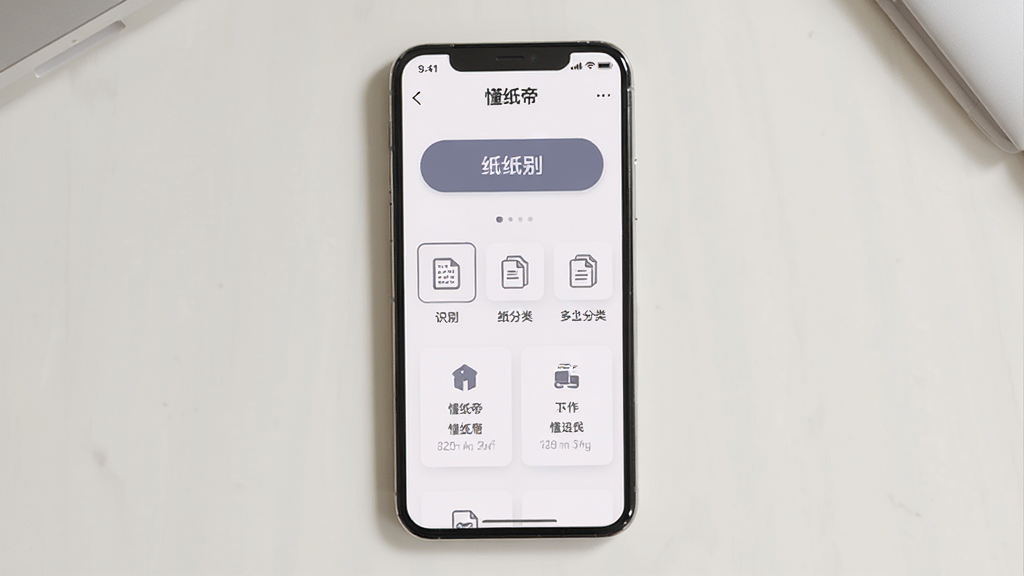 一张手机屏幕展示懂纸帝软件主界面的图片,画面中心是一部现代智能手机,屏幕上显示“懂纸帝”应用界面,界面包含纸张识别按钮、纸张分类图标和简洁的功能卡片布局,背景为干净浅色桌面,整体风格清新简约,采用扁平化设计,画质清晰,光线柔和,无多余杂物,适合软件下载站展示