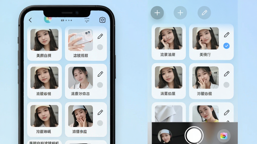 美颜自拍滤镜相机自定义预设管理界面手机样机,屏幕显示多个预设卡片,每张卡片有缩略图和名称标签,背景为淡蓝色渐变,布局为纵向列表,风格清爽整洁,细节包括添加按钮、编辑图标和选中状态,画质清晰干净,无多余元素,图片中文字标注“美颜自拍滤镜相机”