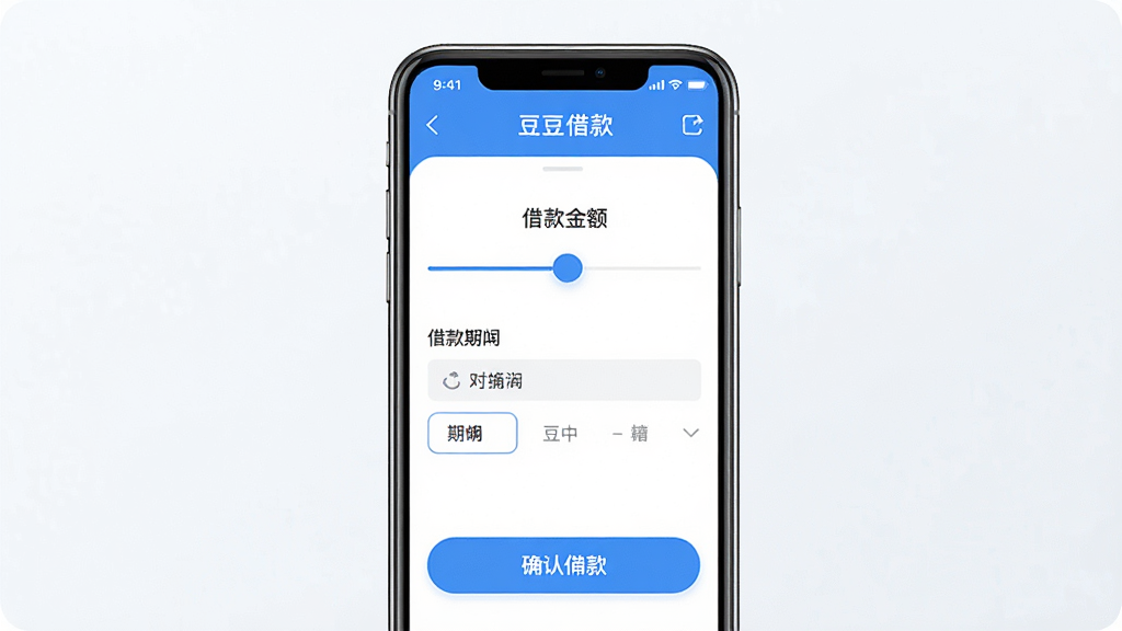 一张展示豆豆钱借款app借款流程界面的预览图,画面中手机屏幕显示借款金额选择滑块、借款期限选项、确认借款按钮,界面简洁清晰,蓝色主色调,背景干净,风格现代,画质高清,无多余元素