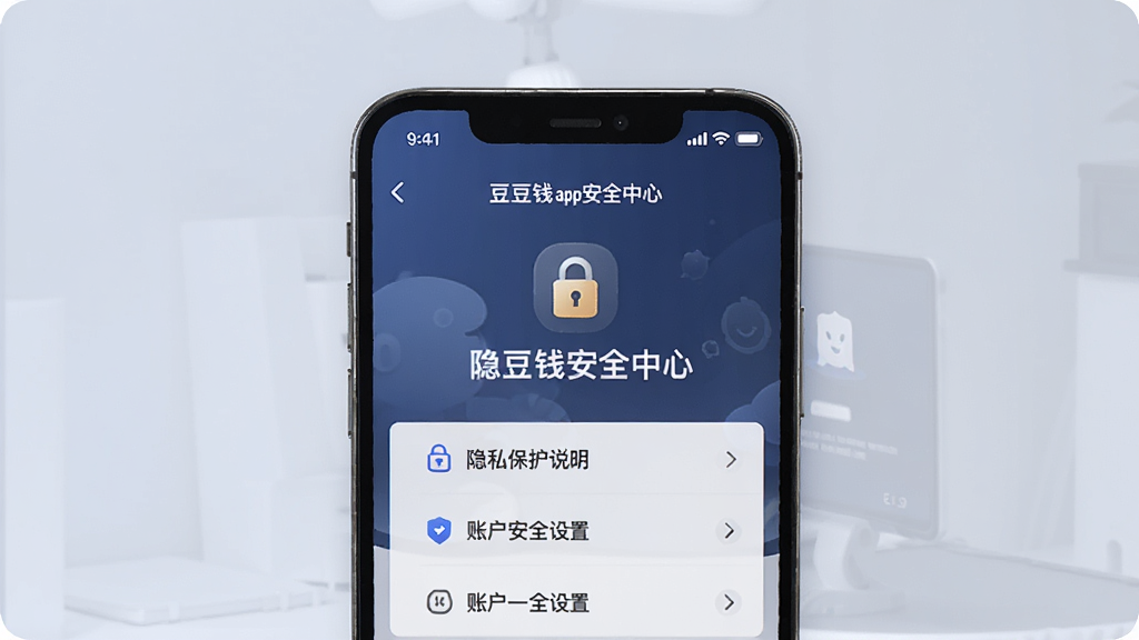 一张展示豆豆钱app安全中心页面的预览图,手机屏幕显示安全锁图标、隐私保护说明、账户安全设置选项,界面风格稳重,深蓝色调,背景干净,画质高清,无多余元素