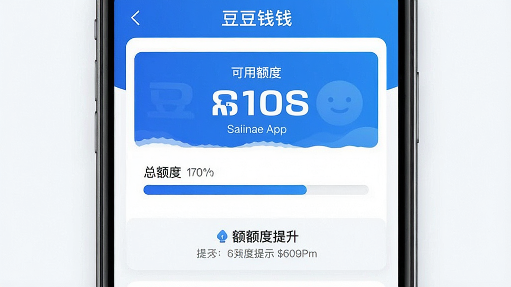 一张展示豆豆钱app额度管理界面的预览图,手机屏幕显示可用额度数字、总额度进度条、额度提升提示,界面设计简洁,蓝色与白色搭配,背景干净,风格商务,画质高清,无多余元素