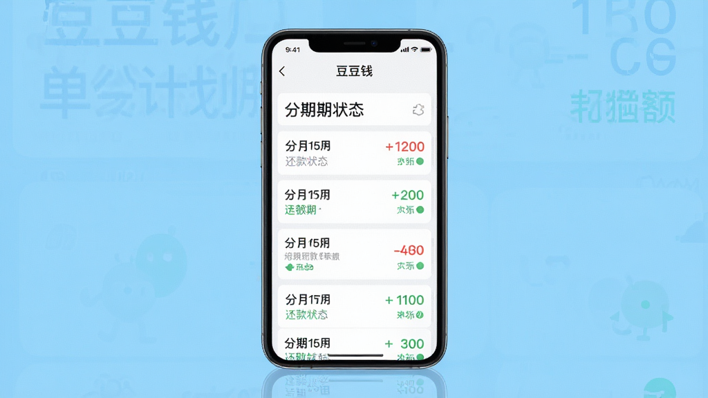 一张展示豆豆钱app还款计划页面的预览图,手机屏幕显示分期账单列表、每期还款金额、还款状态标识,界面布局整齐,配色清爽,背景为纯色,风格简约,画质高清,干净无多余元素