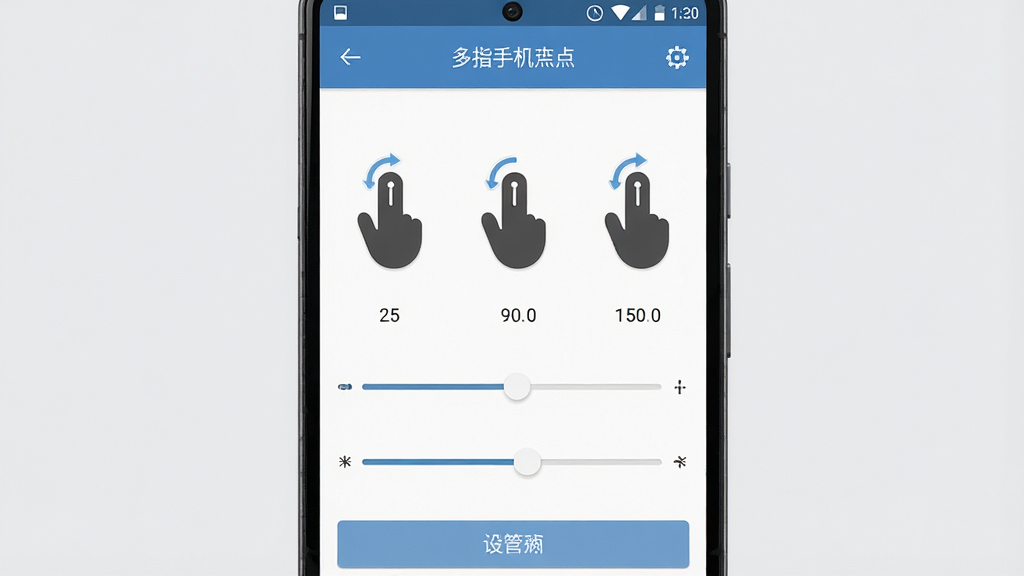 一张展示多指手机连点器软件界面的手机截图,画面中央是一部安卓手机,屏幕上显示着多指连点器的设置面板,面板中有多个手指图标对应不同点击位置,背景是简洁的浅灰色,风格为科技感扁平化设计,细节包括清晰的按钮和数值调节滑块,画质高清,干净无多余元素