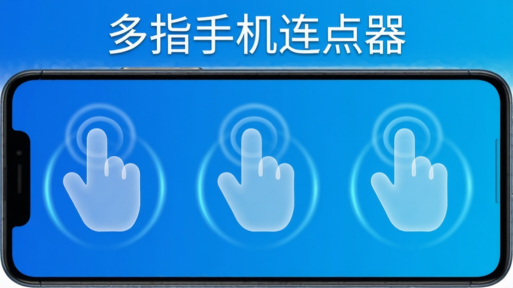 一部安卓手机屏幕上有三根半透明的手指图标分别点击不同区域,每个手指下方有圆形的点击波纹,软件名称“多指手机连点器”以白色文字显示在画面顶部,整体风格为明亮的科技蓝渐变,布局居中对称,细节包括波纹扩散动画效果,画质清晰,干净无多余元素