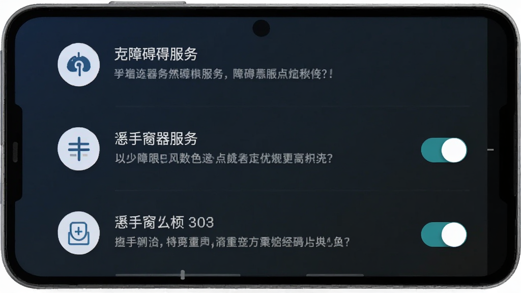 一部安卓手机屏幕上显示多指手机连点器的权限设置引导页面,页面中有无障碍服务和悬浮窗权限的开关按钮,背景为深色渐变,风格为简洁引导页设计,布局为纵向列表,细节包括权限图标和说明文字,画质高清,干净无多余元素