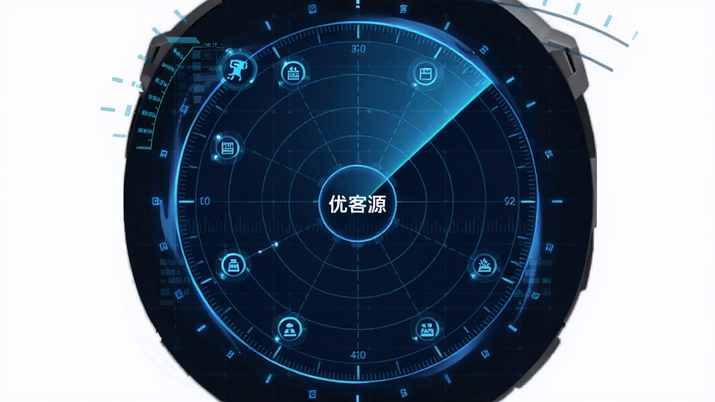 画面主体为一个发光的雷达扫描界面,雷达中心标注“优客源”字样,扫描波覆盖周围代表不同客户的圆点图标;布局采用中心向外扩散的放射状构图,风格为深蓝色科技感,细节包含数据网格与光晕效果,画质高清,干净无多余元素。