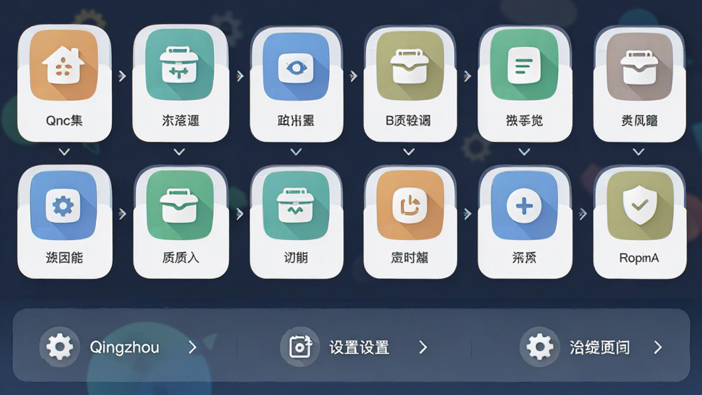 主体是Qingzhou应用主界面截图风格插画,布局采用上下结构,上方为功能入口宫格排列,下方为设置快捷栏,排版整齐有序,风格为扁平化UI设计稿,细节包括圆角图标、浅色卡片、指示箭头,画面中清晰呈现