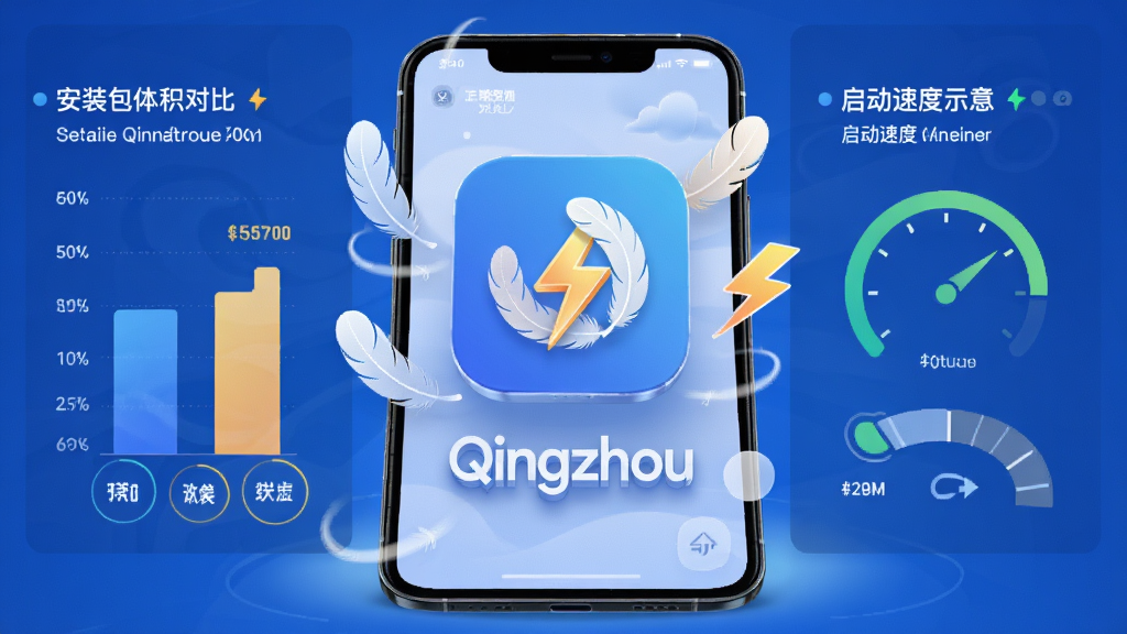 主体是Qingzhou应用图标悬浮在手机屏幕上方,布局采用左右分栏,左侧展示安装包体积对比数据,右侧展示启动速度示意,排版简洁规整,风格为清新科技插画风,细节包括羽毛、闪电等轻盈元素点缀,画面中央标注