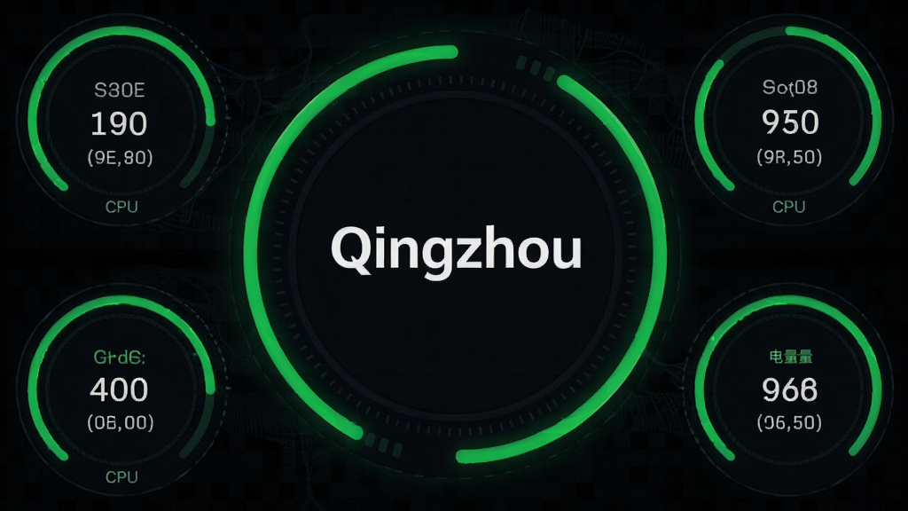 主体是Qingzhou应用运行状态监测仪表盘,布局采用中心环绕式构图,中央放置